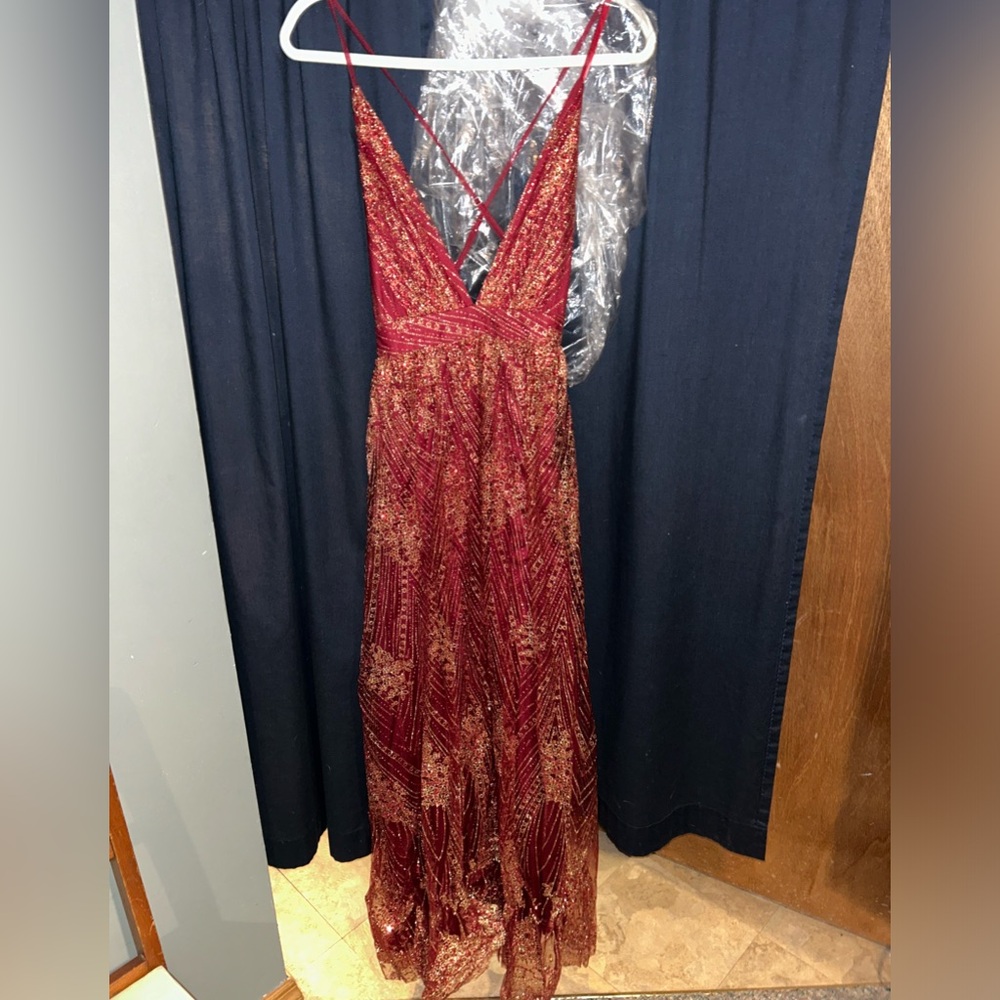 The Vintage Shop Red and Gold Beaded Prom Dress